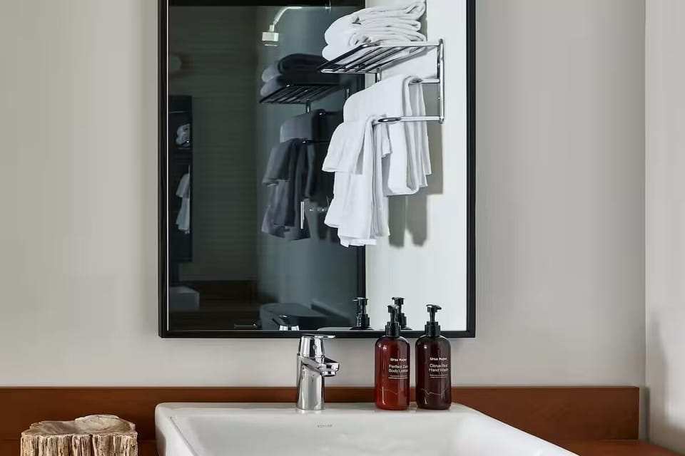 Refresh at the sleek vanity with plush towels and spa soaps.