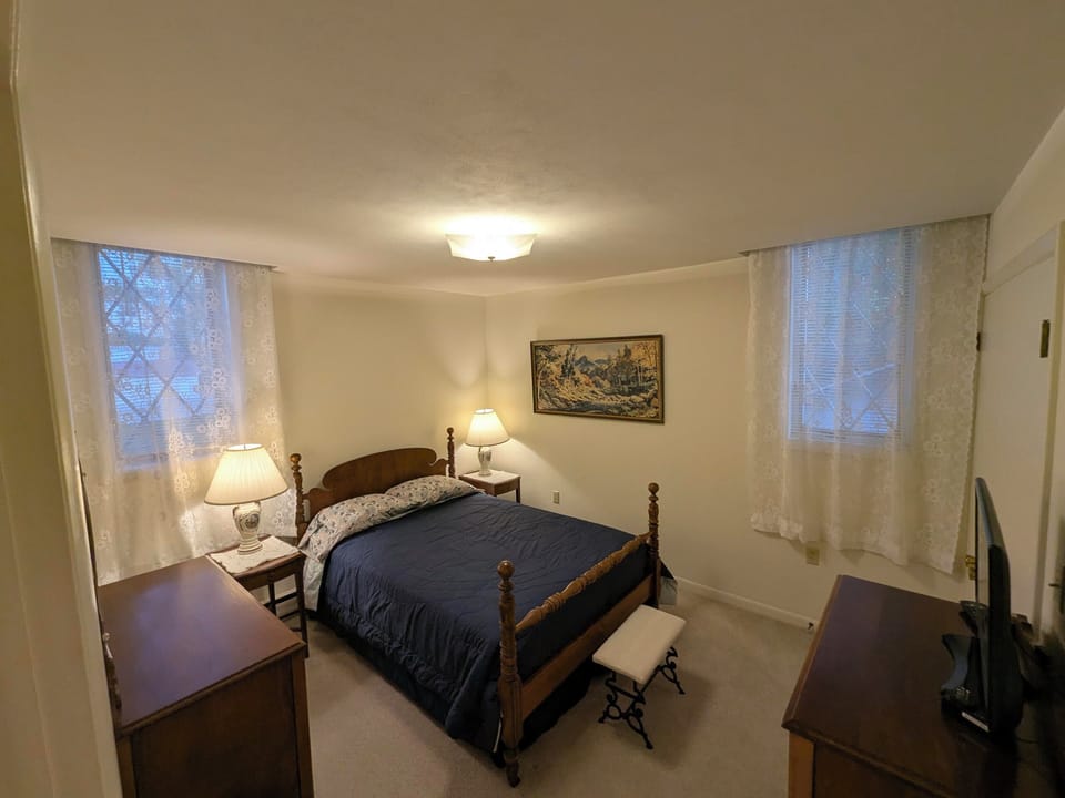 Well proportioned bedroom with double door closet and television with streaming.