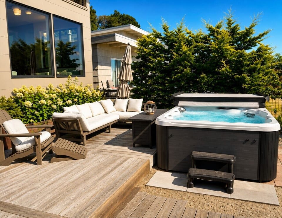 Spacious outdoor deck with private hot tub, comfortable lounge seating, and peaceful garden surroundings for year-round relaxation.