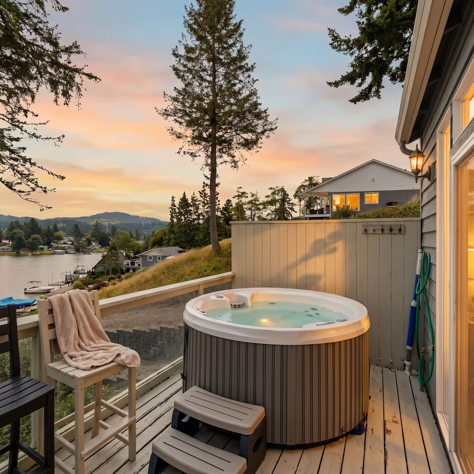 Outdoor Oasis: Soak in the hot tub while admiring stunning sunset views over the lake!