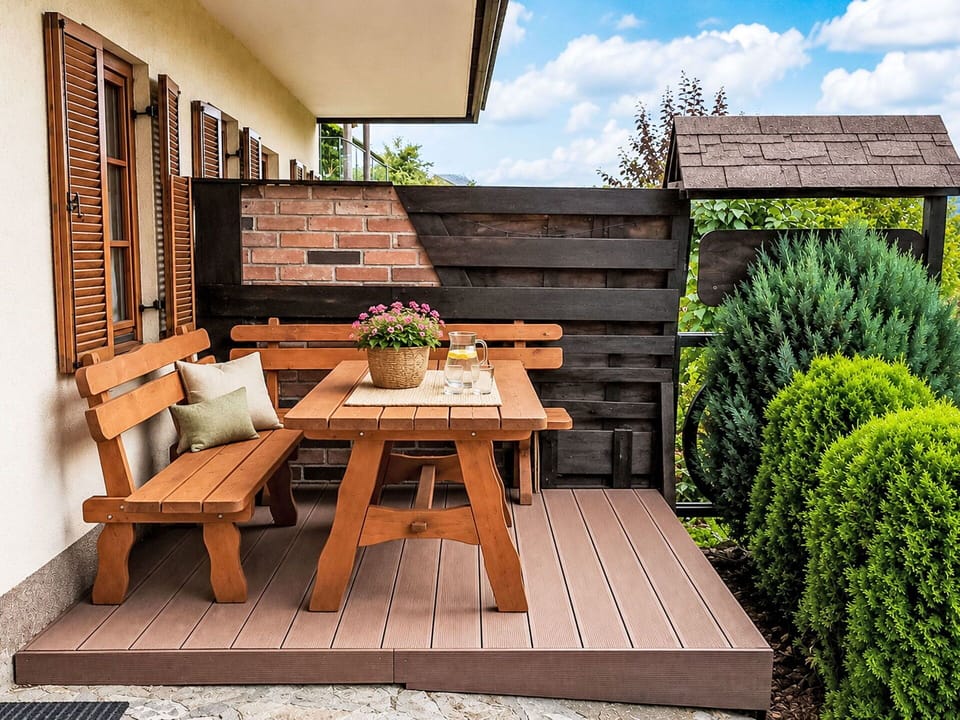 Furniture, Wood, Outdoor Furniture, Table, Outdoor Table, Hardwood, Wood Stain, Flowerpot, Deck, Garden