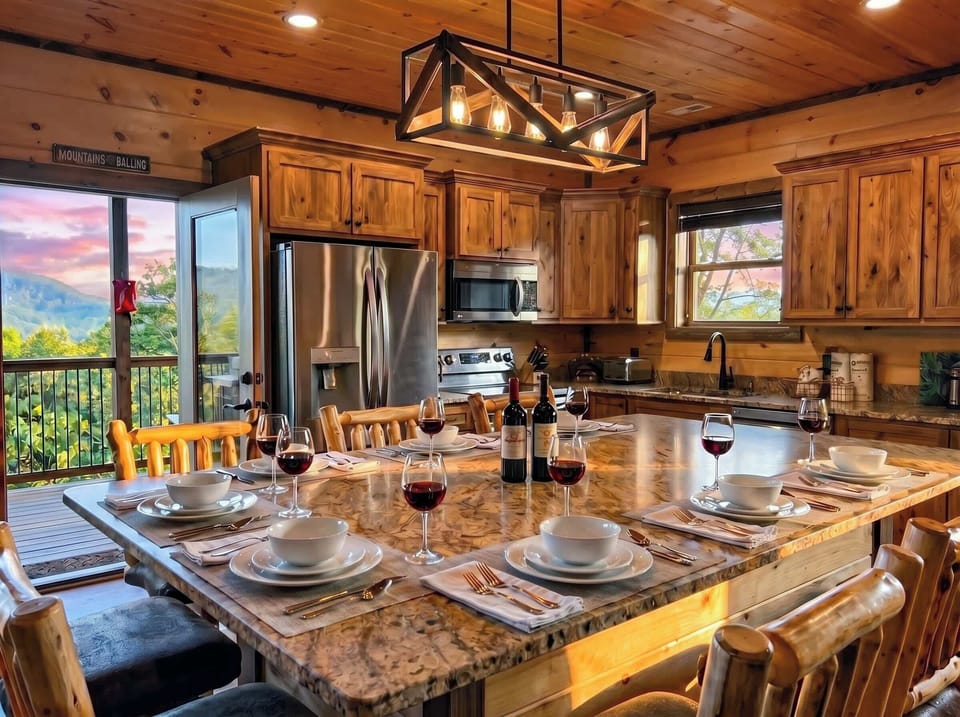 Open-concept kitchen & dining space designed for gathering after a day outside