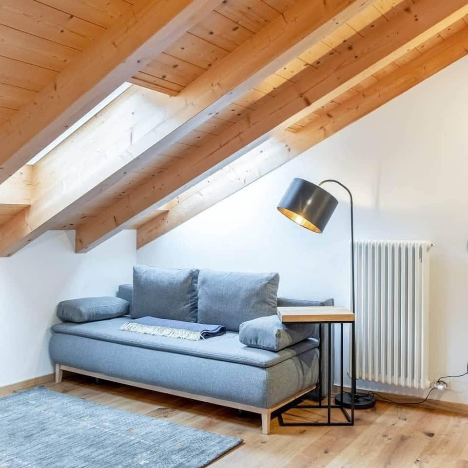 The 2-person sofa bed is located on the first floor