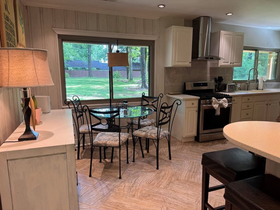Breakfast table overlooking the spacious back yard