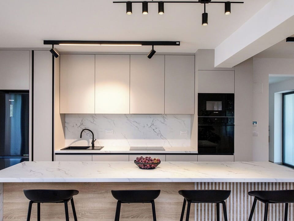 Kitchen, Furniture, Interior Design, Flooring, Wall, Light Fixture, Wood, Countertop, Floor, Ceiling