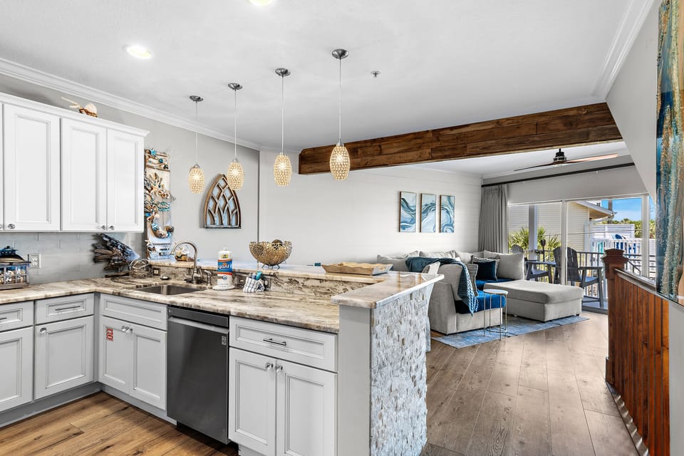 The kitchen is open to the living space