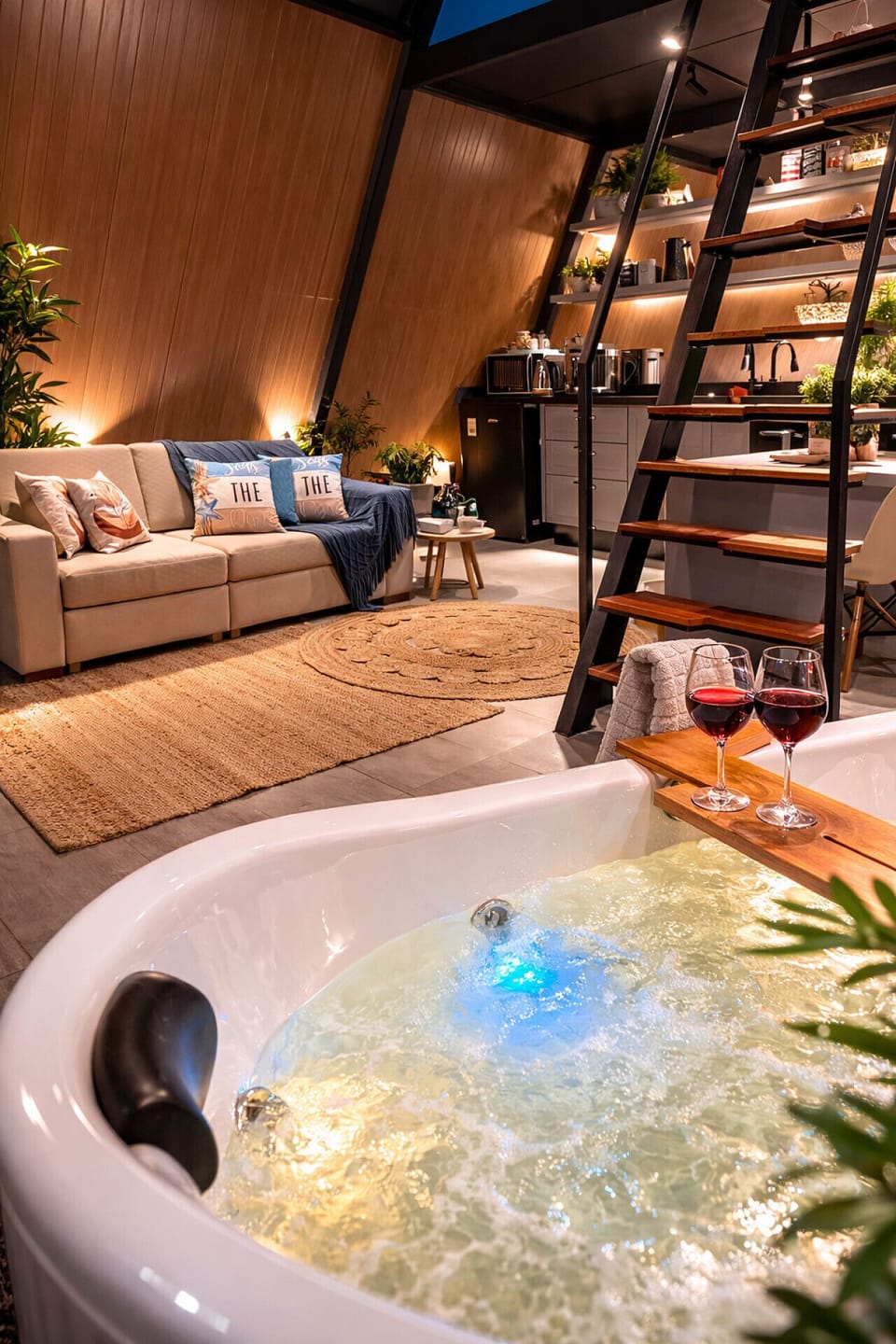 Hot tub inside the cabin, perfect for romantic moments for couples.