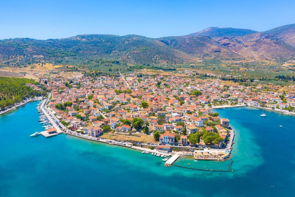 Scenic aerial view of Galaxidi village with colorful buildings