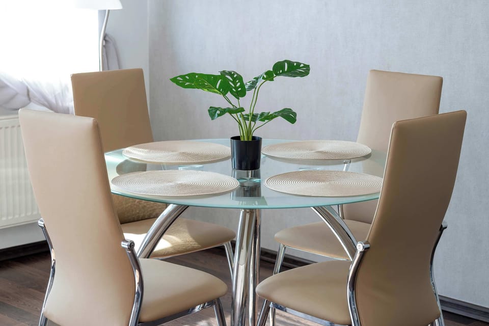 A dining table set with chairs and a small decorative plant in the center. The setup feels simple yet welcoming.