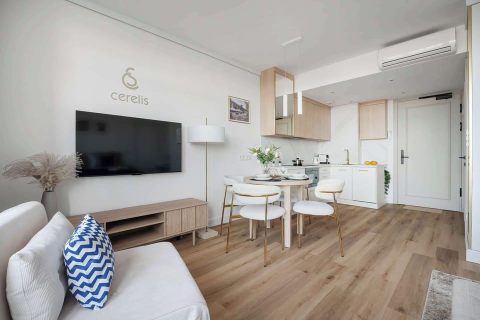 The studio apartment is shown from the entrance, highlighting the flow between the media area and the kitchenette. The light-colored furniture and flooring keep the space looking open and wide.