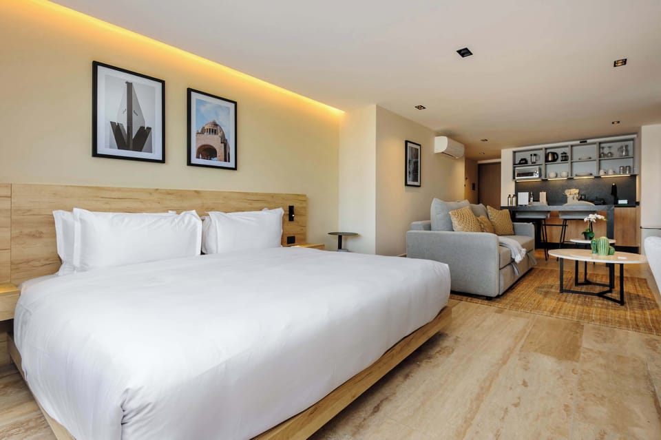 Spacious bedroom with integrated living and dining areas.