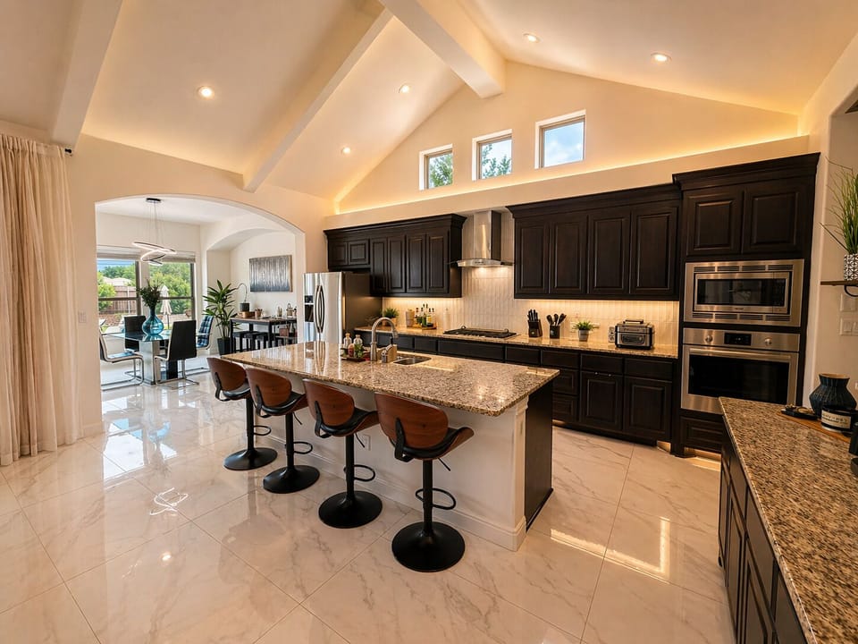 State of the Art stainless double oven, fridge, marble island breathtaking view