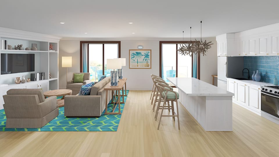Unwind in a bright open-concept lounge with island seating.