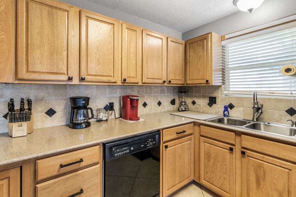 Kitchen | Coffee Maker & Keurig | Tile Backsplash & Double Sink