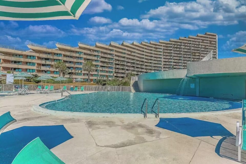Here is a view of the building from one of two pool at the complex.