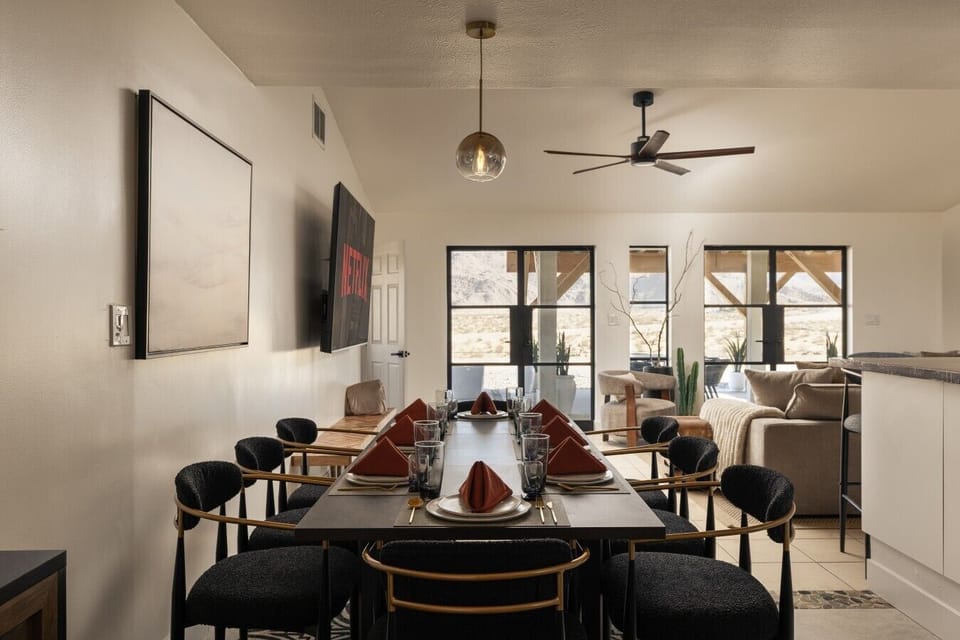Share a meal indoors with plenty of room to sit and enjoy the evening.