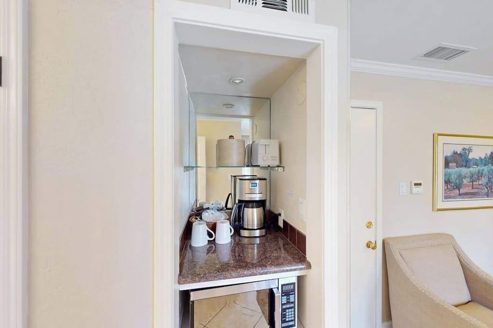 Brew your morning coffee in the built-in kitchenette — equipped with a coffee maker and microwave so you can fuel up before your Napa winery tour.
