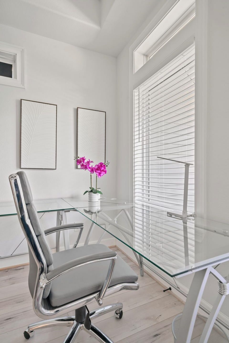 Bright modern workspace with glass desk and abundant natural light