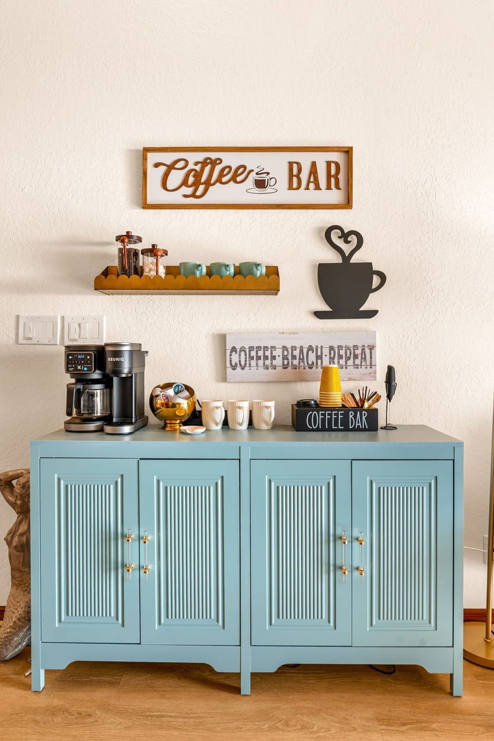 A dedicated coffee bar — "Coffee Beach Repeat," ready for slow mornings.