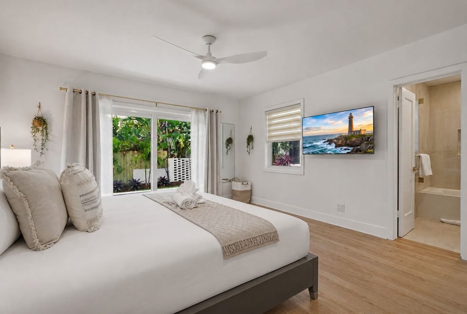 Serene designer bedroom with neutral tones and soft finishes