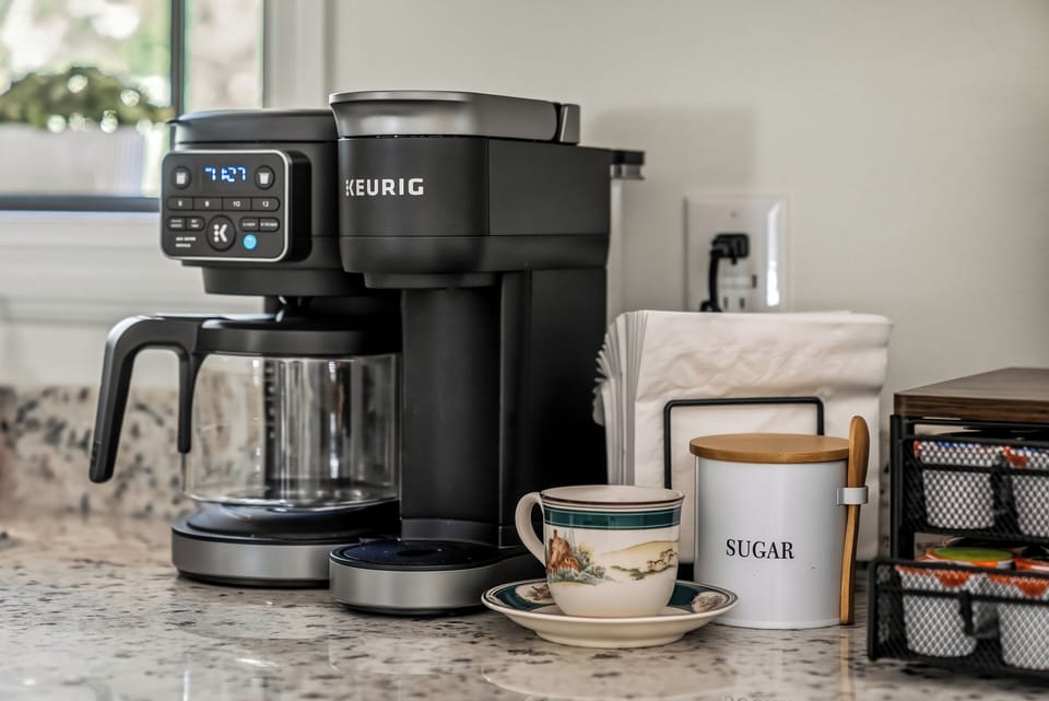 Convenient coffee station with Keurig, mugs, and essentials ready