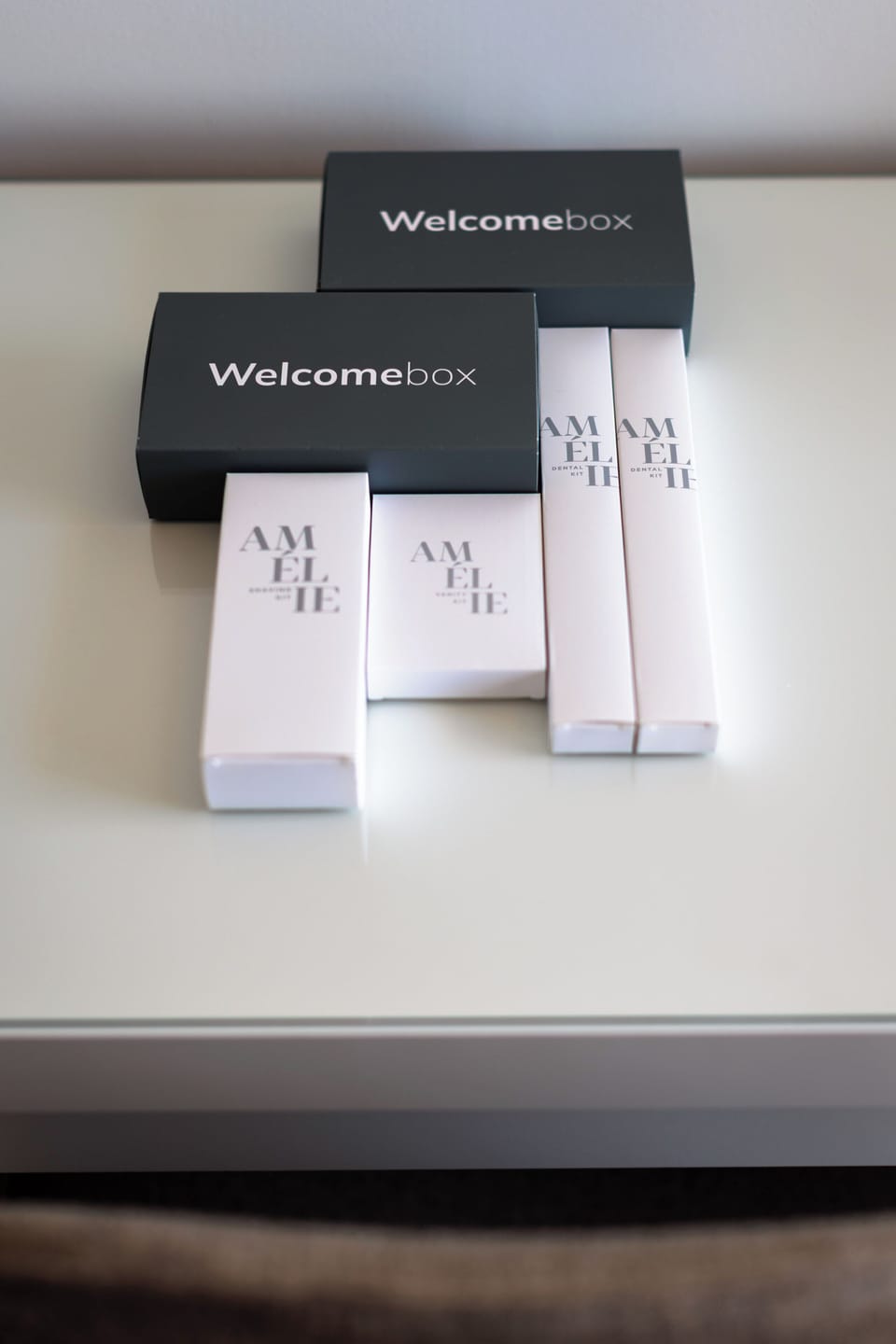 Welcome box with shampoon, conditioner, shower gel.