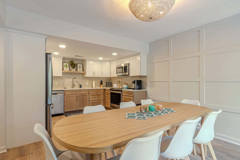 Dining room ready for meals and conversation.