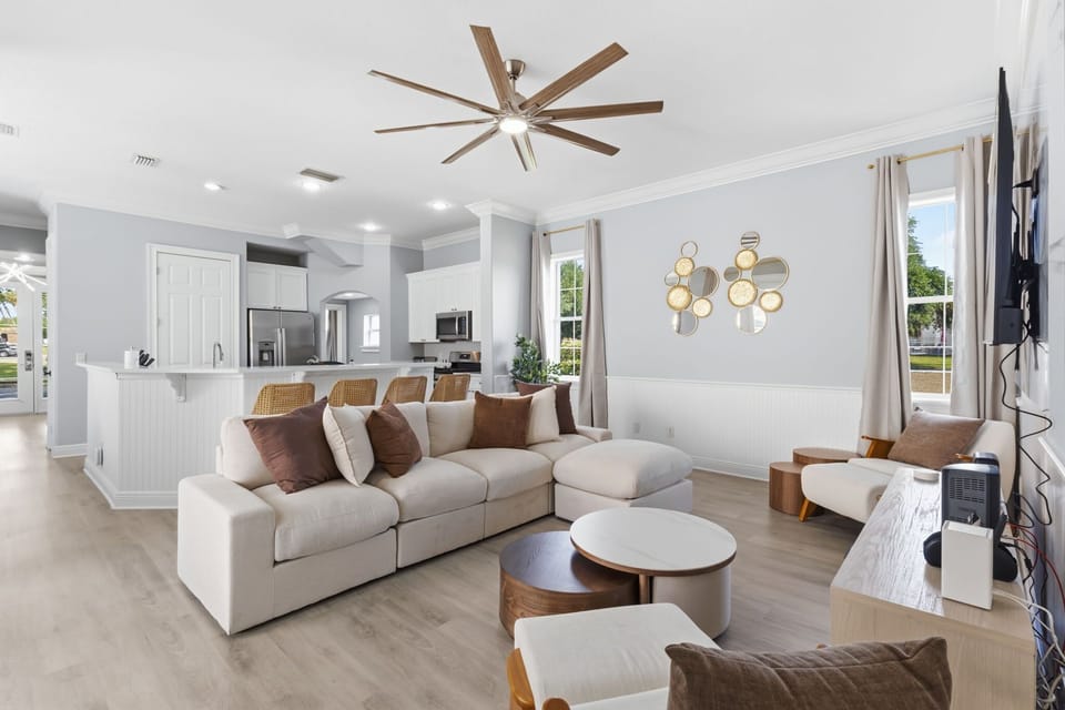 Seamless flow between living, dining, and kitchen spaces—ideal for group stays