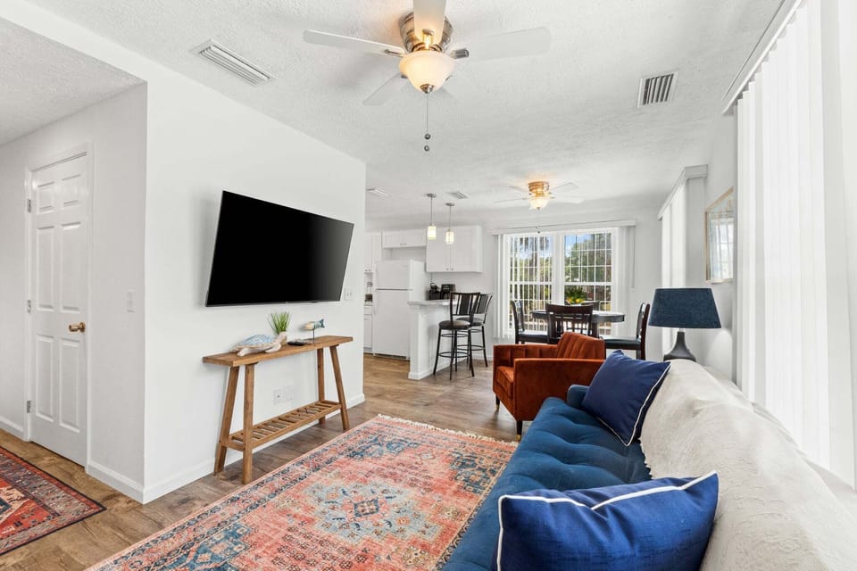 The ceiling fan adds comfort and keeps the space feeling breezy and cool.