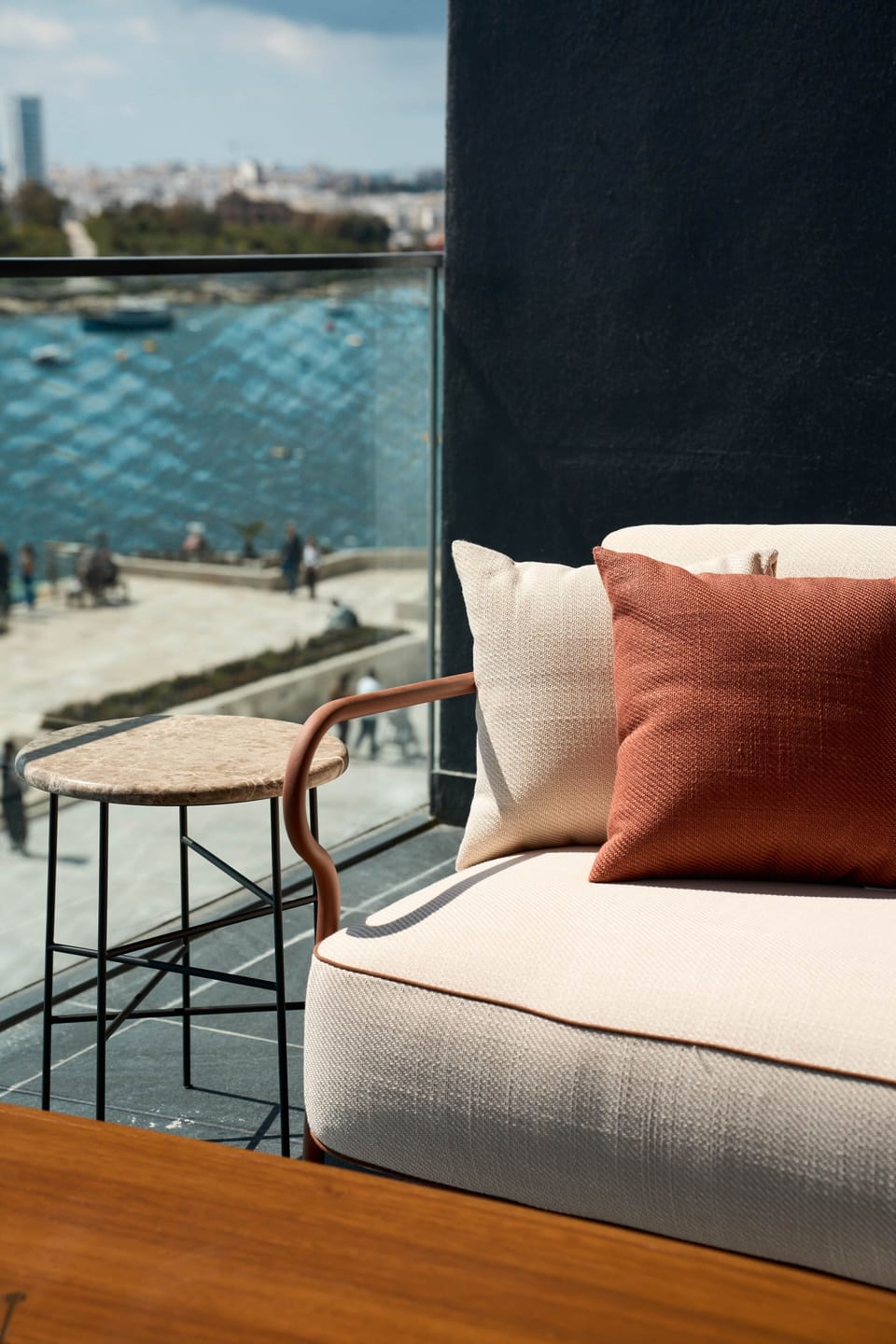 Balcony seating with relaxing sea views.