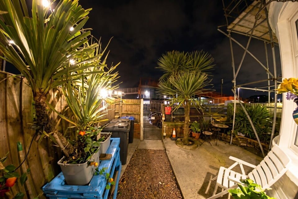 Tropical garden lit up at night with palm trees and a seating area.