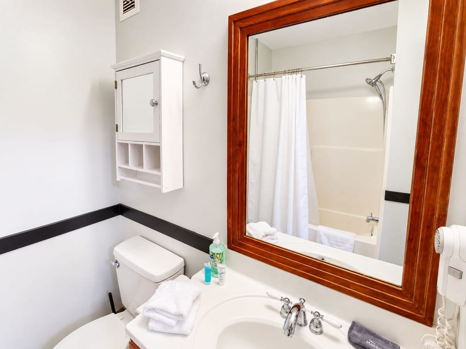 Full Bathroom with Shower/Tub Combo & Wood-Framed Mirror