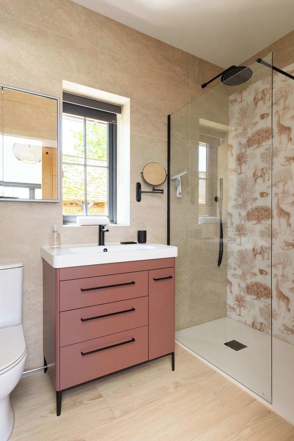 Refresh in a warm modern bathroom with walk-in shower, soft textures, and relaxed countryside lodge style.