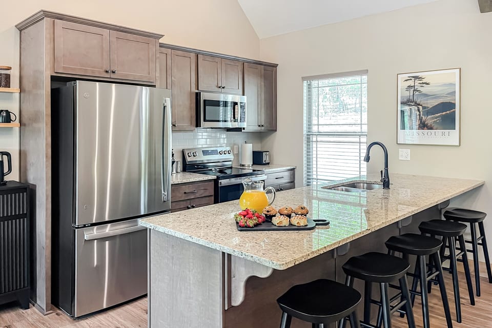 Fully stocked kitchen for pancake mornings, family dinners, and snacks.