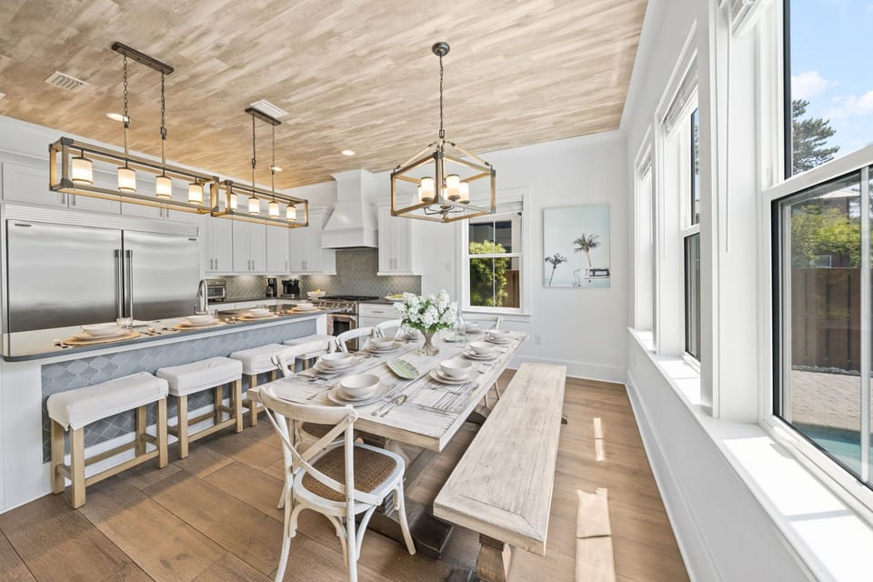 Open-concept flow from kitchen to dining — the kind of layout that makes group trips feel effortless.