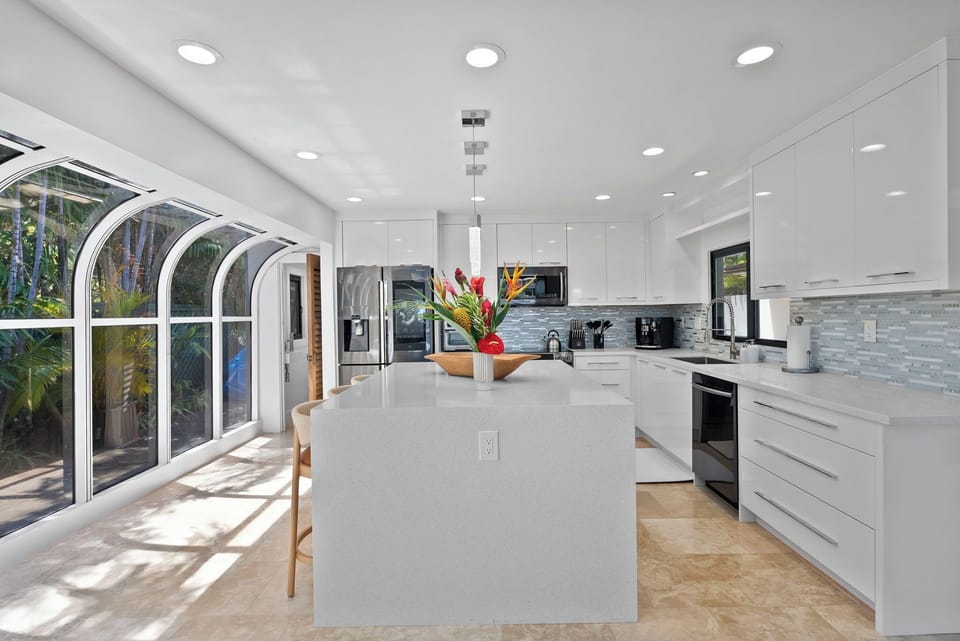 Light pouring through arched windows makes the day feel peaceful.