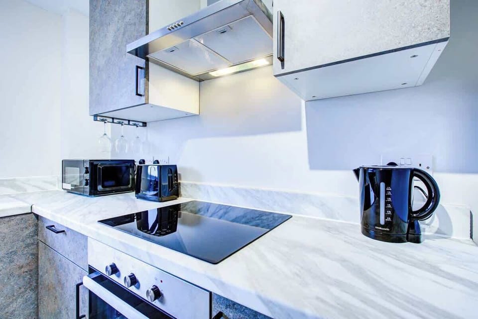 Modern kitchen stovetop with sleek surfaces and overhead ventilation hood