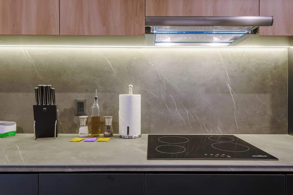 Modern kitchen equipped with an induction cooktop, full-size refrigerator, and everything needed for easy home cooking.