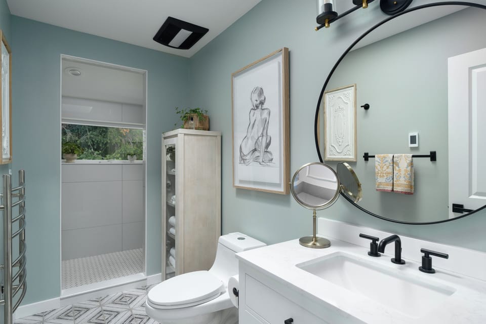 Brand new bath with walk in shower, towel warmer, heated floors, & Quince towels