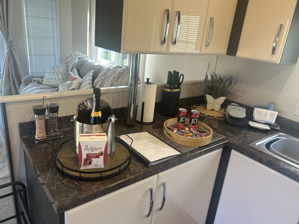 Welcome pack included free with every stay, also salt & pepper, kitchen roll, knives and scissors and oven gloves.