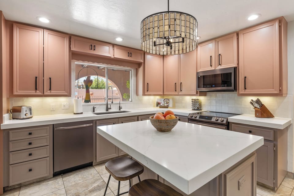 Colorful, mid-century style details throughout