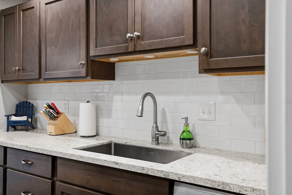 All the essentials tucked away in the kitchen for convenient cooking or unpacking takeout!