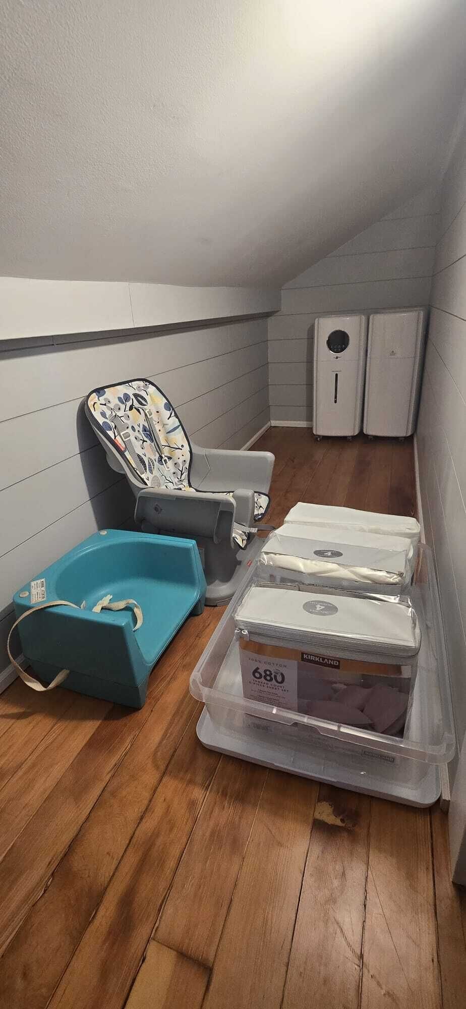 Upstairs walk in closet to the right of the stairs will have baby items/gate.