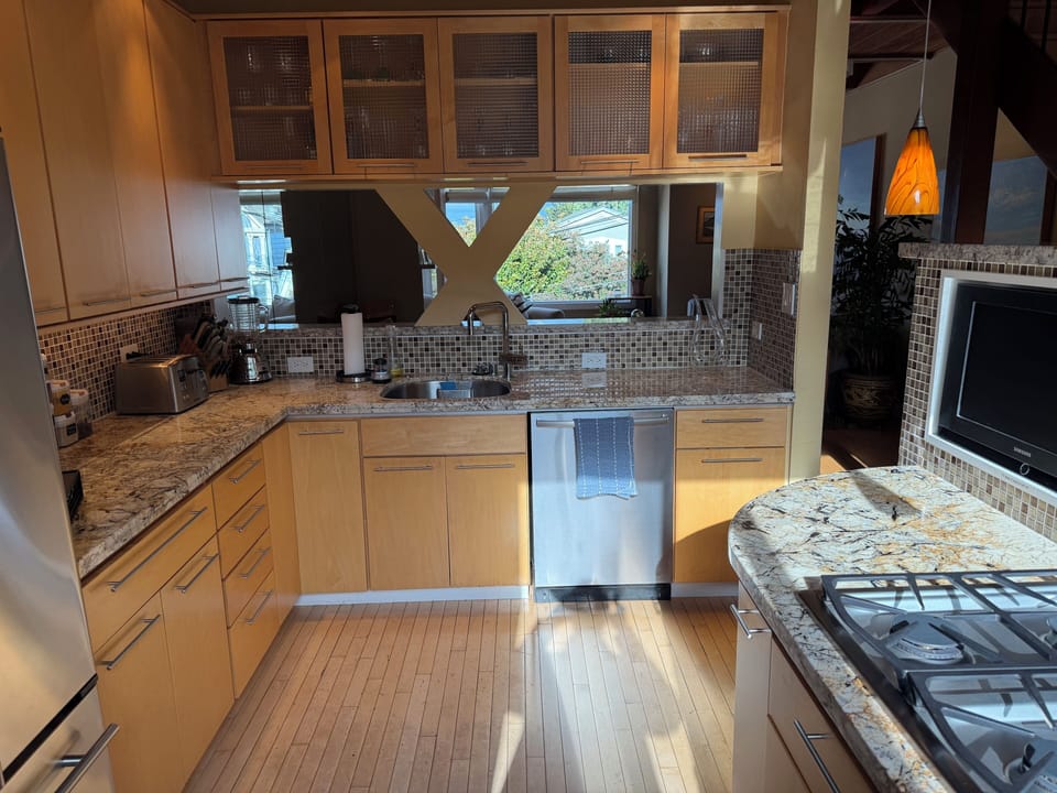 Lots of space to prep meals & talk thru opening. Bosch dishwasher. Embedded TV.