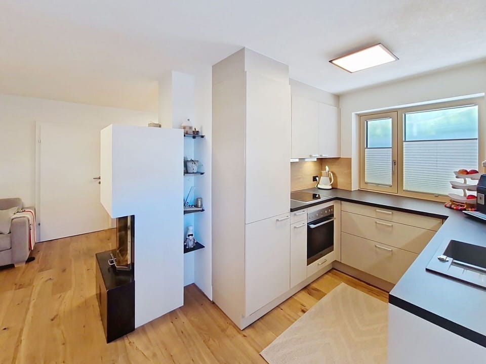 Interior Design, Flooring, Wood, Kitchen, Kitchen Appliance, Ceiling, Floor, Countertop, Cabinetry, Furniture