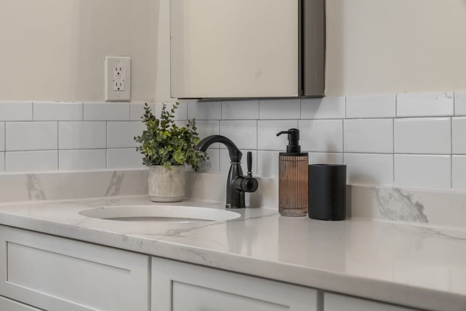 Modern fixtures and generous counter space