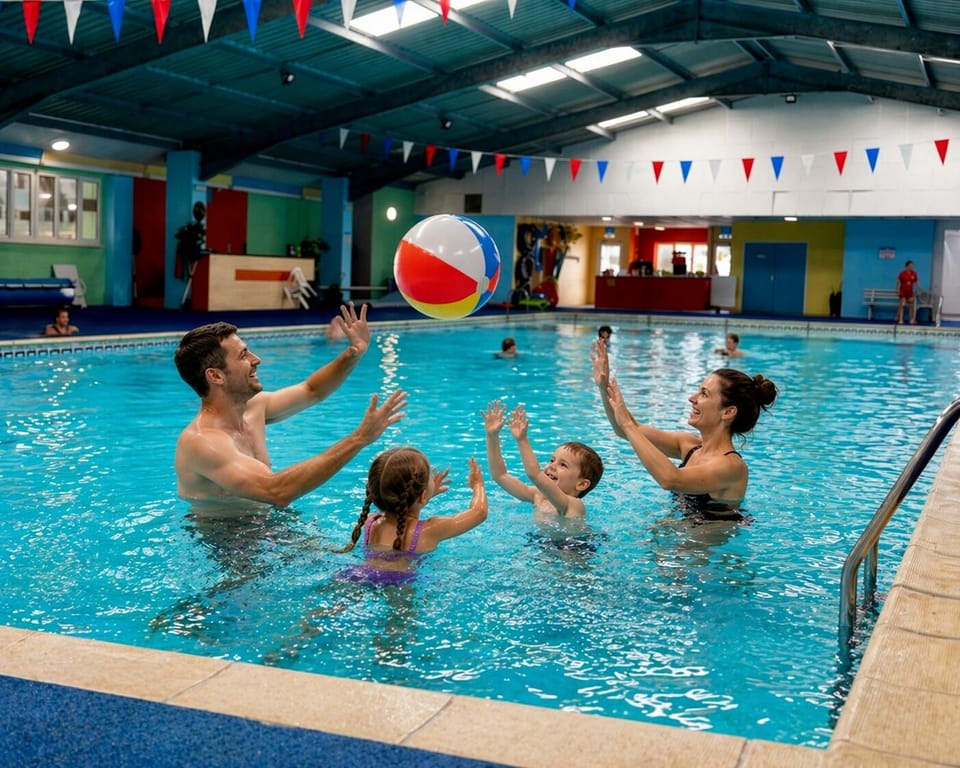 Family enjoying indoor swimming pool at holiday park near Scratby Norfolk