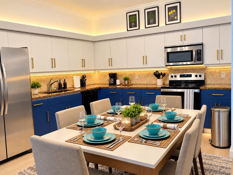 Fully equipped kitchen with dining area. Table can extend to fit up to 8 people.