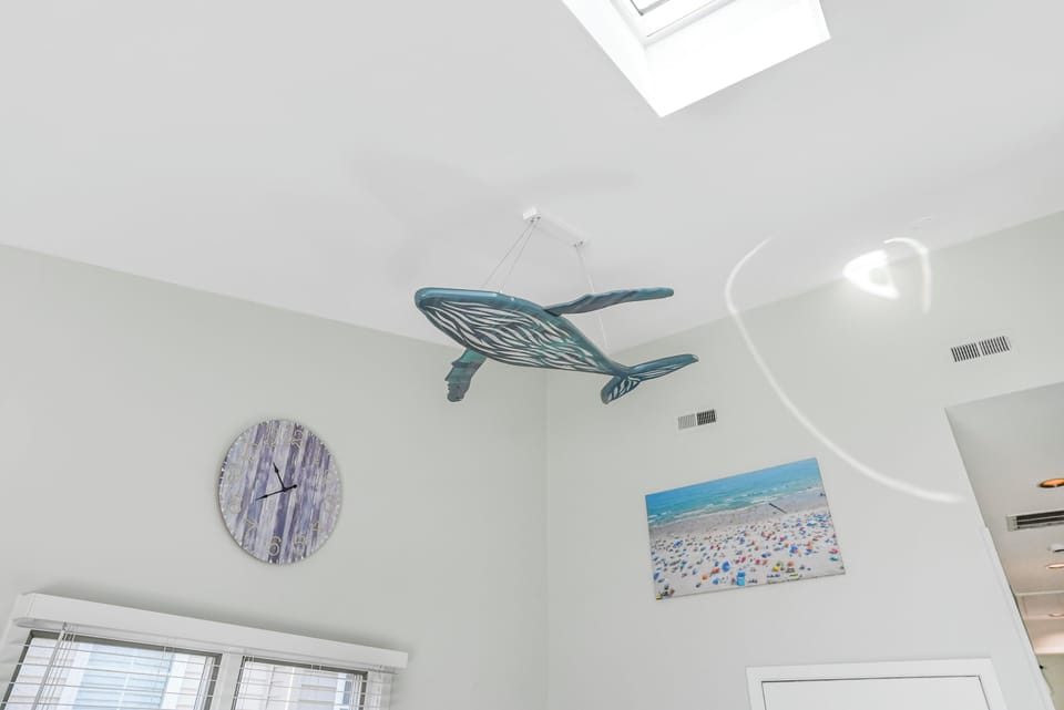 Custom 5' whale lighting hangs from the 20' high ceiling. plenty of ocean vibes!