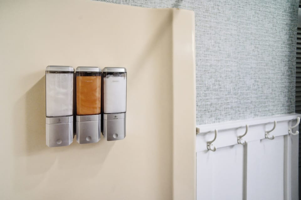 Shampoo, conditioner, and body wash provided in the shower for your convenience.